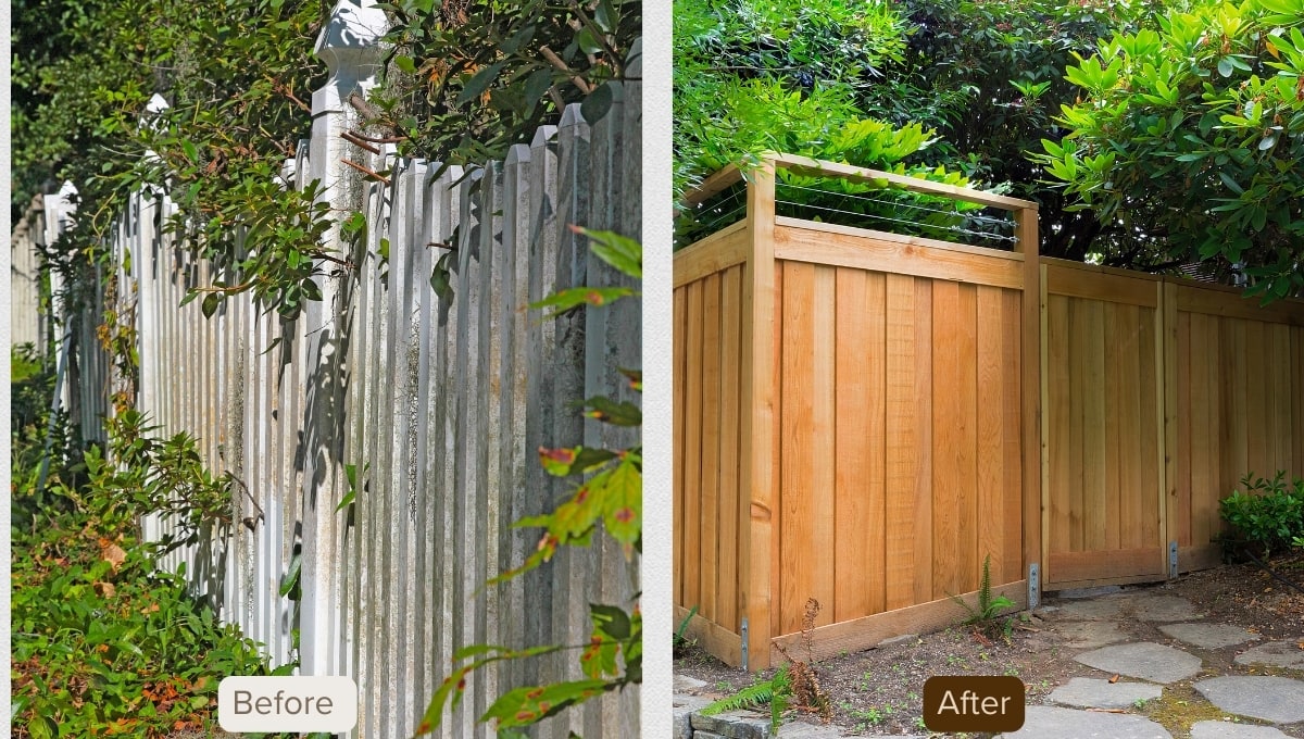 Before and after image of fence staining in Nolensville, TN.